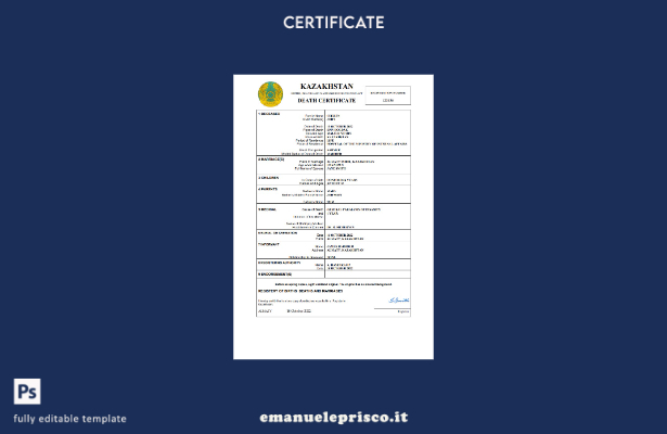 certificato di morte del Kazakistan in stile verificato modello Word e PDF